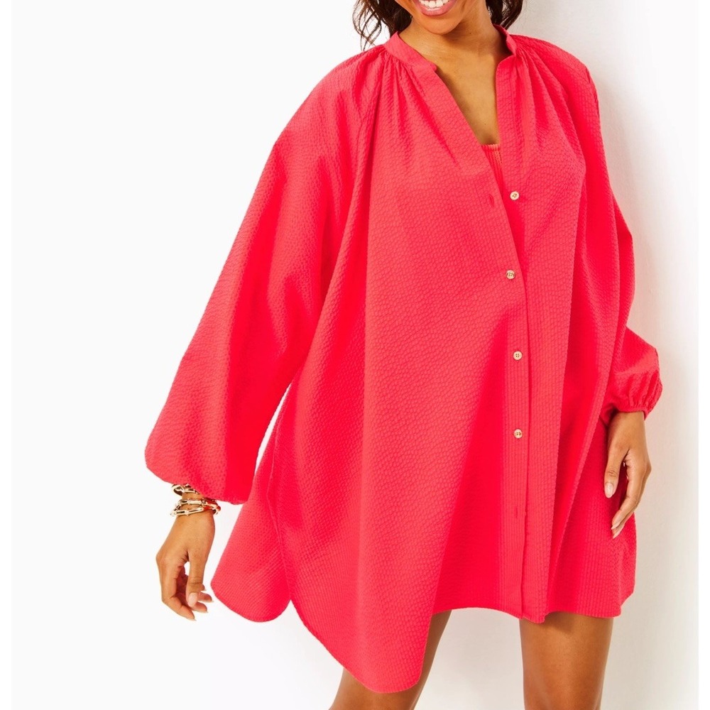 Lilly‎ Pulitzer Andrae Cover-Up Mizner Red Size M NWT Button Shirtdress Cotton